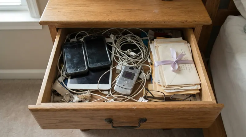An open nightstand drawer holding several old cell phones, a tablet, tangled chargers and a stack of letters tied with lavender ribbon