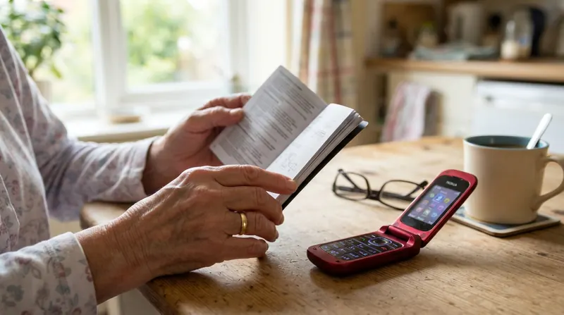 An older woman's hands holding a printed phone user guide open beside a red flip phone on a kitchen table