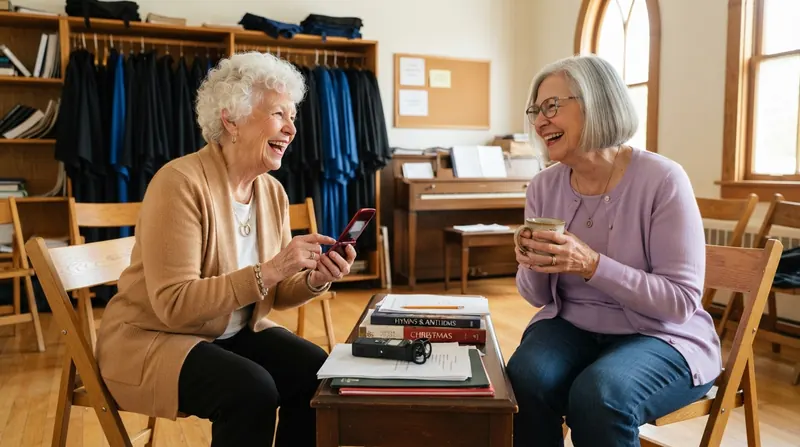 Two older women laughing in a church choir room with coffee cups, sheet music and a small audio recorder on a piano bench