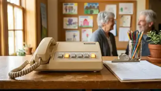 A vintage beige multi-line office telephone with a row of lit clear buttons on a school front desk beside a sign-in clipboard